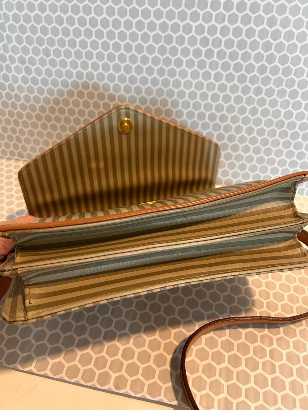 Lorenzo Tan Stripe Crossbody Bag with Leather Trim - Picture 4 of 7